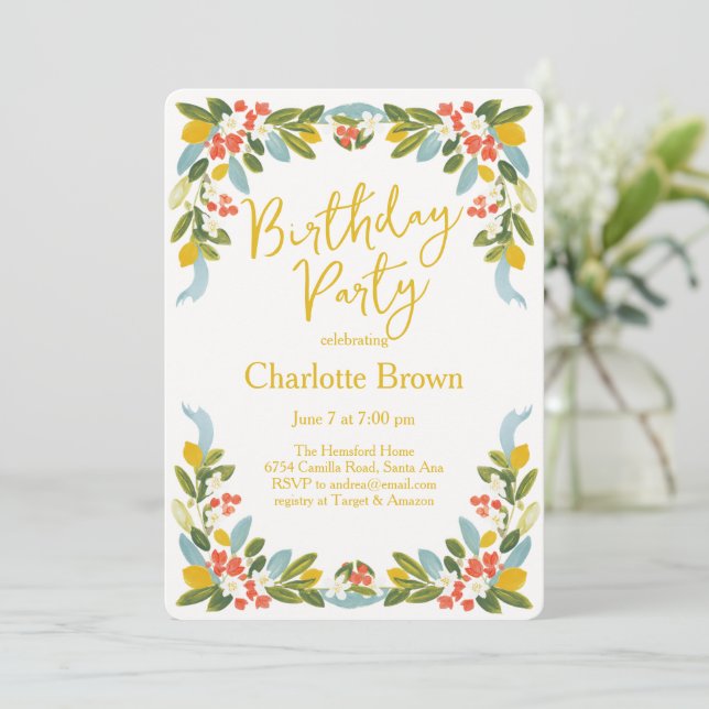Invitación Cumpleaños Lemons Garland (Anverso de pie)