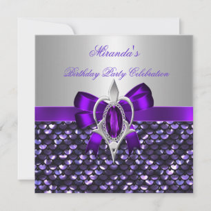Invitación Cumpleaños lentejuelas plateadas lazo diamante mor