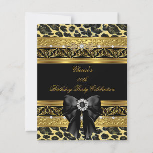 Invitación Cumpleaños Leopardo Dorado Elegante Diamante Negro