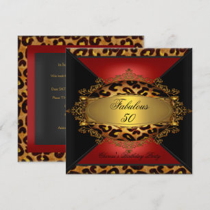 Invitación Cumpleaños Leopardo Negro Oro Rojo 50 50avo 50º
