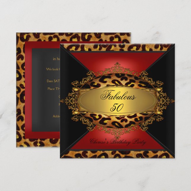 Invitación Cumpleaños Leopardo Negro Oro Rojo 50 50avo 50º (Anverso / Reverso)