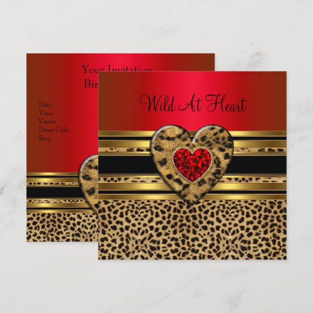Invitación Cumpleaños Leopardo Salvaje de Corazón Negro Dorad (Anverso / Reverso)