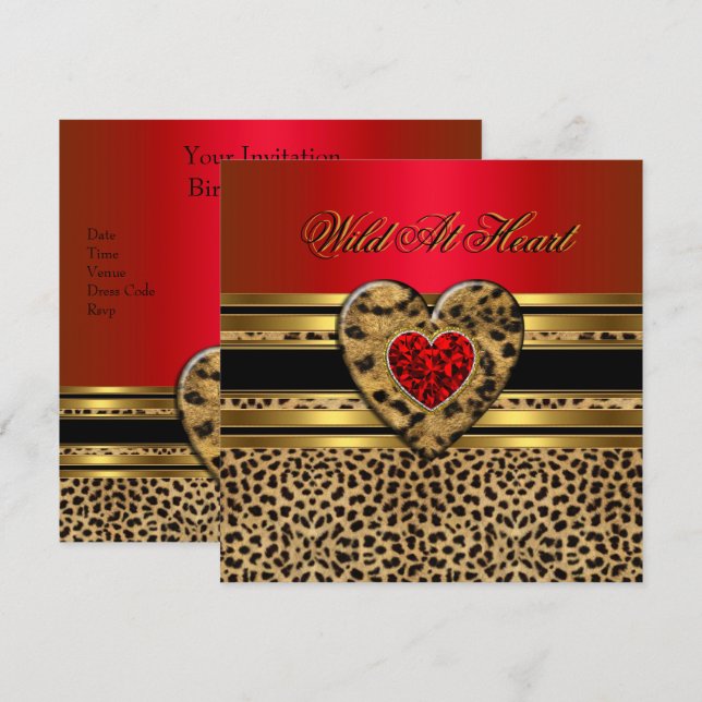 Invitación Cumpleaños Leopardo Salvaje de Corazón Negro Dorad (Anverso / Reverso)