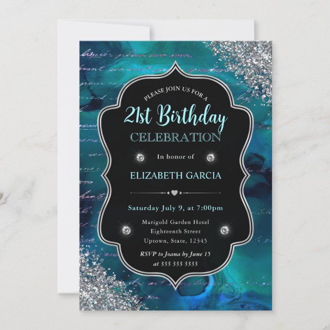 Invitación Cumpleaños Letras Sirena Brillo Verde Azul Profund (Anverso)
