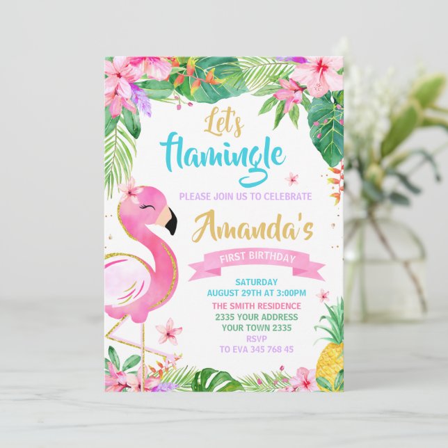 Invitación Cumpleaños Let's Flamingle (Anverso de pie)