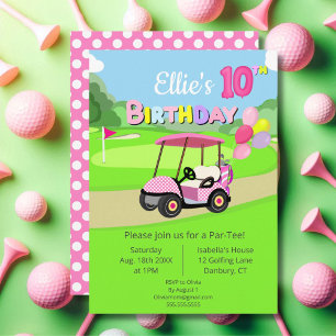 Invitación Cumpleaños lindo 10 Polka Dot Golf rosa femenino
