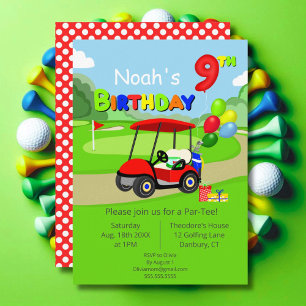 Invitación Cumpleaños lindo 9º Carrito de Golf Rojo Niño