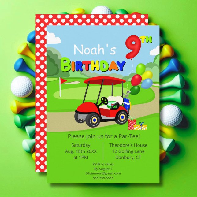 Invitación Cumpleaños lindo 9º Carrito de Golf Rojo Niño (Subido por el creador)