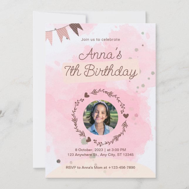 Invitación Cumpleaños lindo acuarela rosa (Anverso)