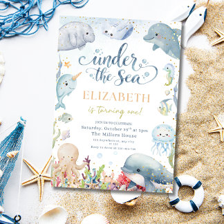 Invitación Cumpleaños lindo bajo el mar Océano Animales Náuti