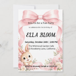 Invitación Cumpleaños lindo conejito lazo Coquette Rosa