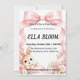 Invitación Cumpleaños lindo conejito lazo Coquette Rosa
