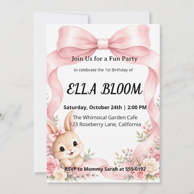 Invitación Cumpleaños lindo conejito lazo Coquette Rosa (Anverso)