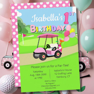 Invitación Cumpleaños lindo de 1er año con lunares rosados y