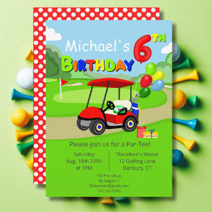 Invitación Cumpleaños lindo de 6 años Carrito de Golf Rojo Ni