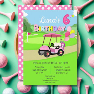Invitación Cumpleaños lindo de 6 años con lunares rosados y g