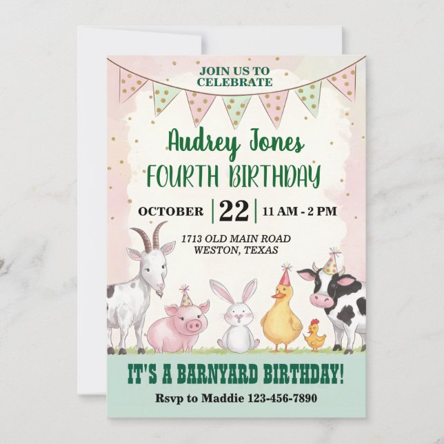 Invitación Cumpleaños lindo de granja (Anverso)