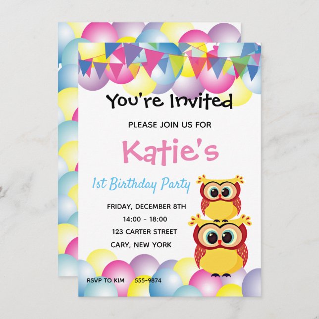 Invitación Cumpleaños lindo del búho del bebé de los niños (Anverso / Reverso)