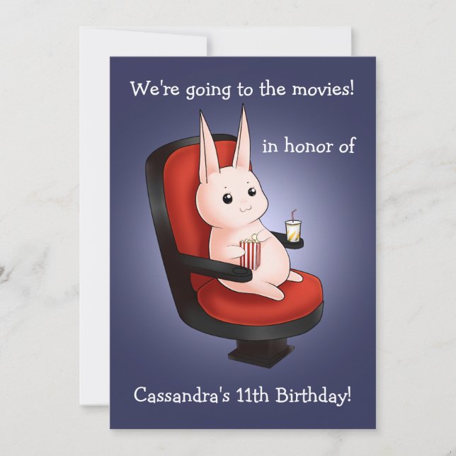 Invitación cumpleaños lindo del conejito en el cine (Anverso)