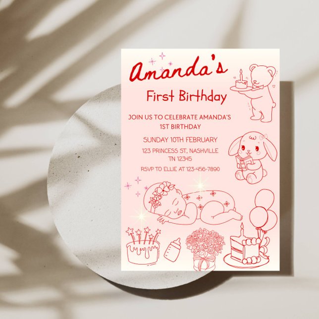 Invitación Cumpleaños Line Art Fiesta de cumpleaños de niña 1 (Subido por el creador)