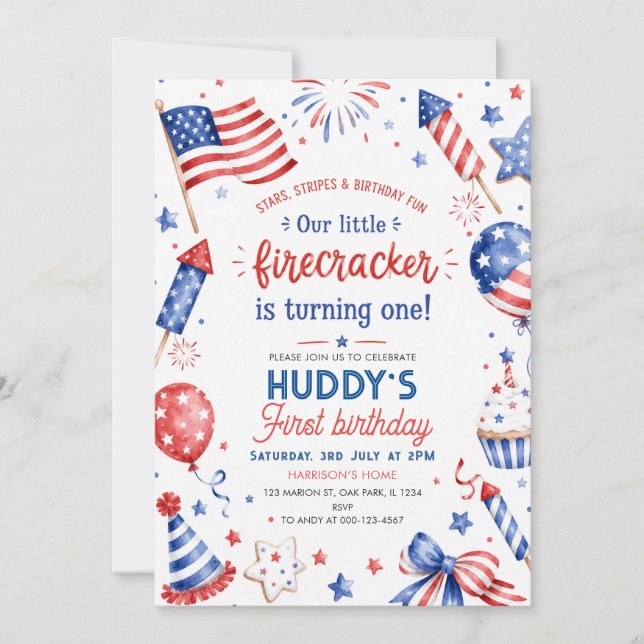Invitación Cumpleaños Little Firecracker 4 de Julio 1er (Anverso)