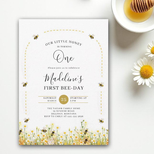 Invitación Cumpleaños Little Honey Bee Day Flores Silvestres  (little honey bee one first birthday party invitation floral watercolor summer modern wildflowers)