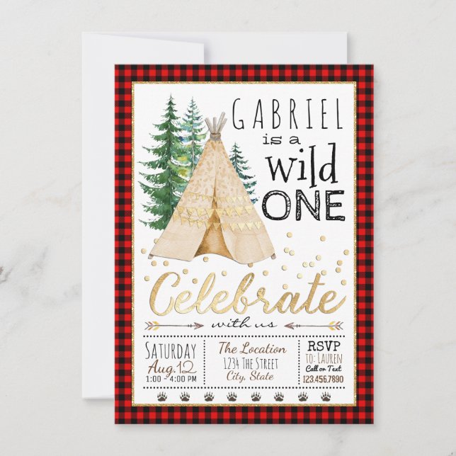 Invitación Cumpleaños Lumberjack Wild One Tribal TeePee (Anverso)