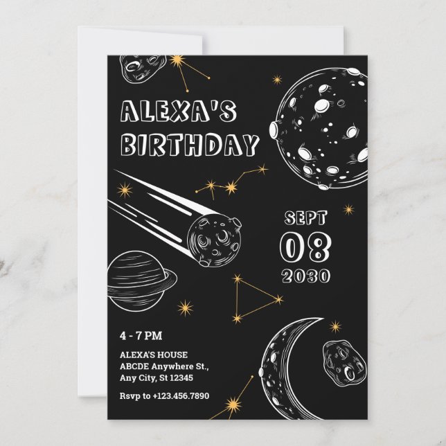 Invitación cumpleaños luna astrología negra (Anverso)