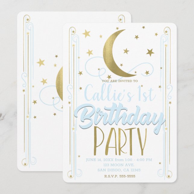 Invitación Cumpleaños Luna Estrellas Doradas Azul Claro Capri (Anverso / Reverso)