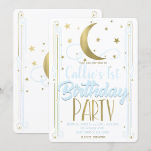 Invitación Cumpleaños Luna Estrellas Doradas Azul Claro Capri