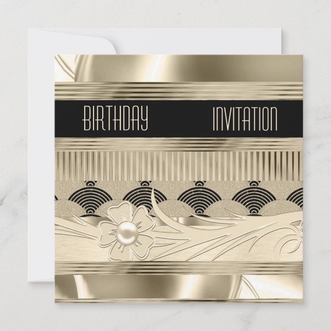 Invitación Cumpleaños Luz Negra Art Deco Dorado (Anverso)