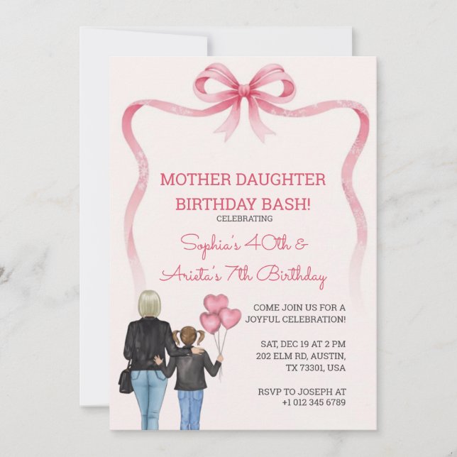 Invitación Cumpleaños madre hija tema lazo rosa (Anverso)