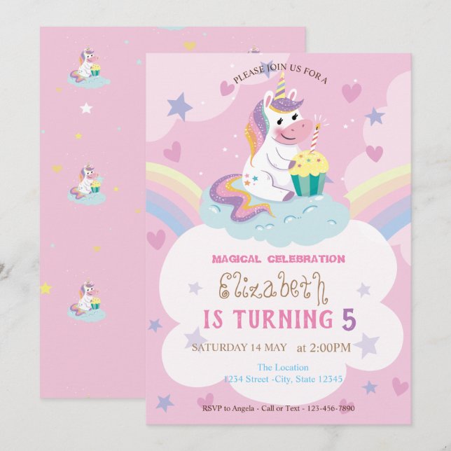 Invitación Cumpleaños Mágico Arcoíris de Unicornio (Anverso / Reverso)