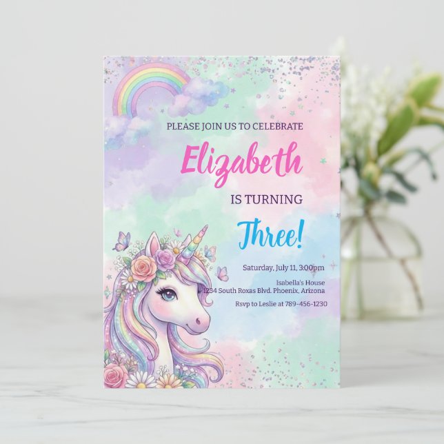 Invitación Cumpleaños Mágico Arcoíris Unicornio (Anverso de pie)