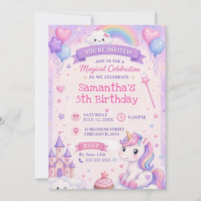 Invitación Cumpleaños Mágico Castillo Unicornio Adorable (Anverso)