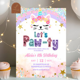 Invitación Cumpleaños Mágico Caticorn Arcoíris Pastel