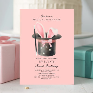Invitación Cumpleaños Mágico de 1er año de Niñas Lazo Rosa