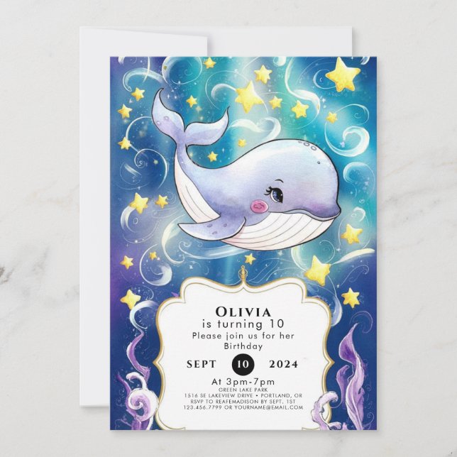 Invitación Cumpleaños mágico de ballenas en el océano (Anverso)