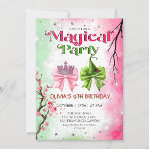 Invitación Cumpleaños mágico de bruja rosa y verde