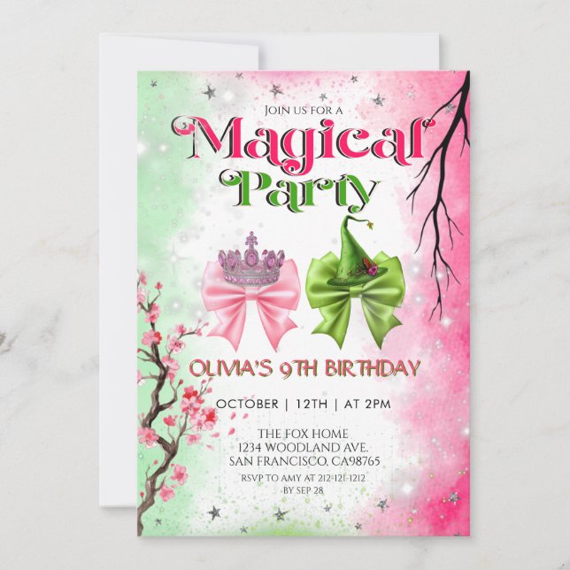 Invitación Cumpleaños mágico de bruja rosa y verde (Anverso)
