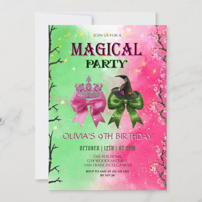 Invitación Cumpleaños mágico de bruja rosa y verde (Anverso)