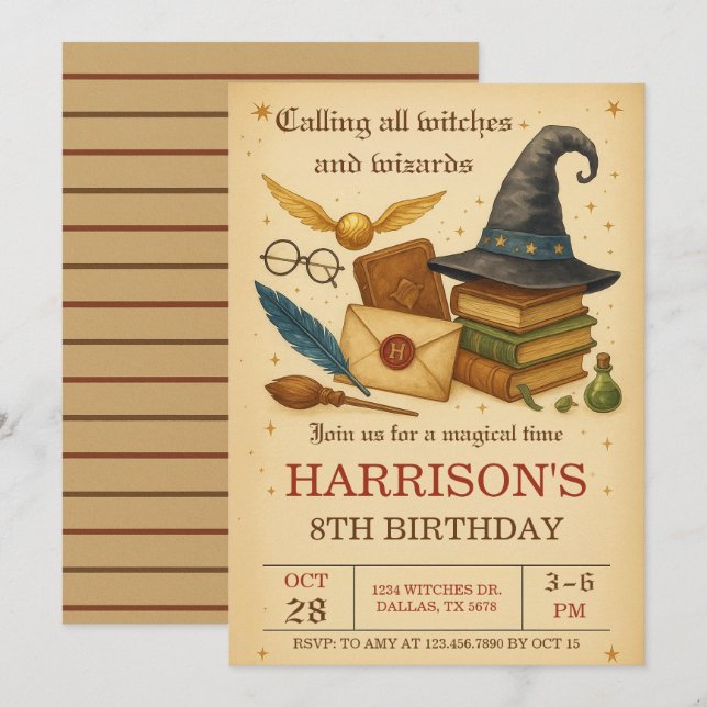 Invitación Cumpleaños Mágico de Brujas y Hechiceros (Anverso / Reverso)