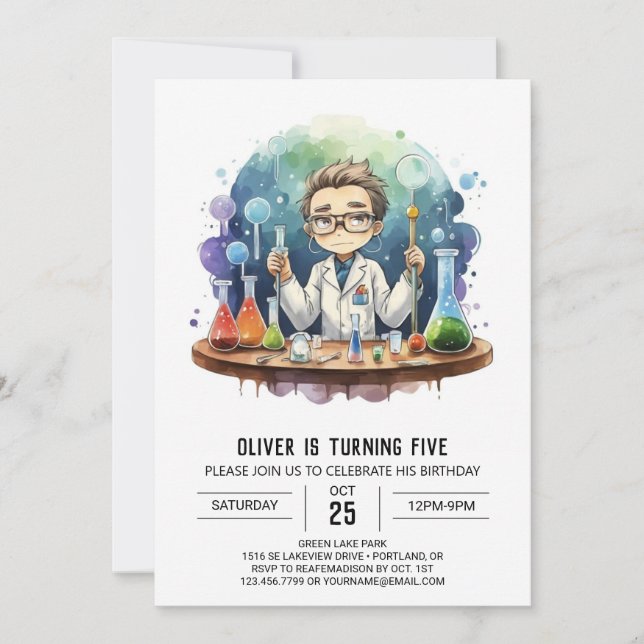 Invitación Cumpleaños Mágico de Científico Mad Imprescindible (Anverso)