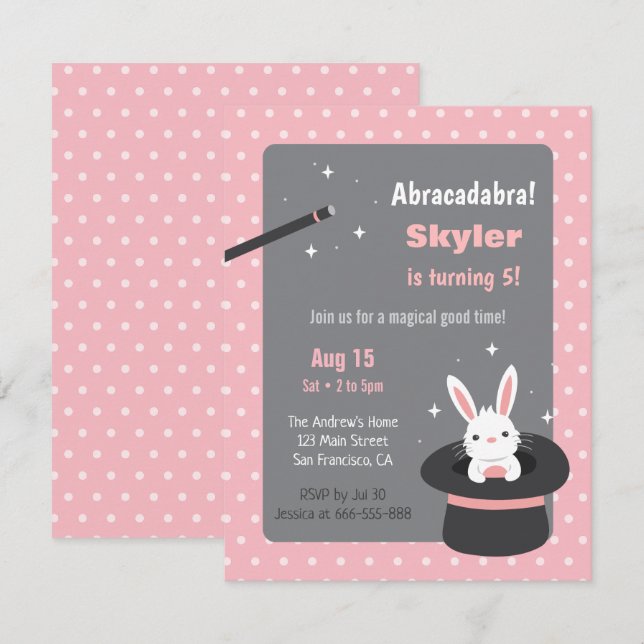 Invitación Cumpleaños Mágico de Conejo en Sombrero con Lunare (Anverso / Reverso)