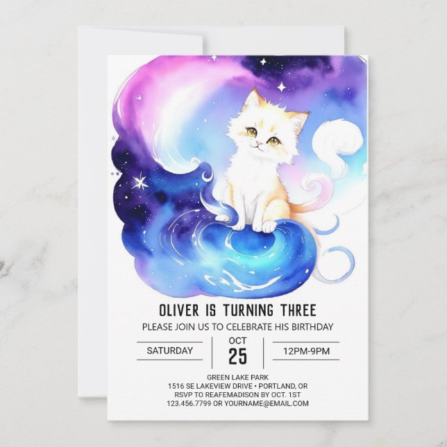 Invitación Cumpleaños mágico de gato imprimible (Anverso)