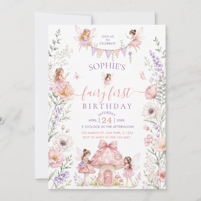 Invitación Cumpleaños mágico de hada primer cumpleaños Bosque (Anverso)