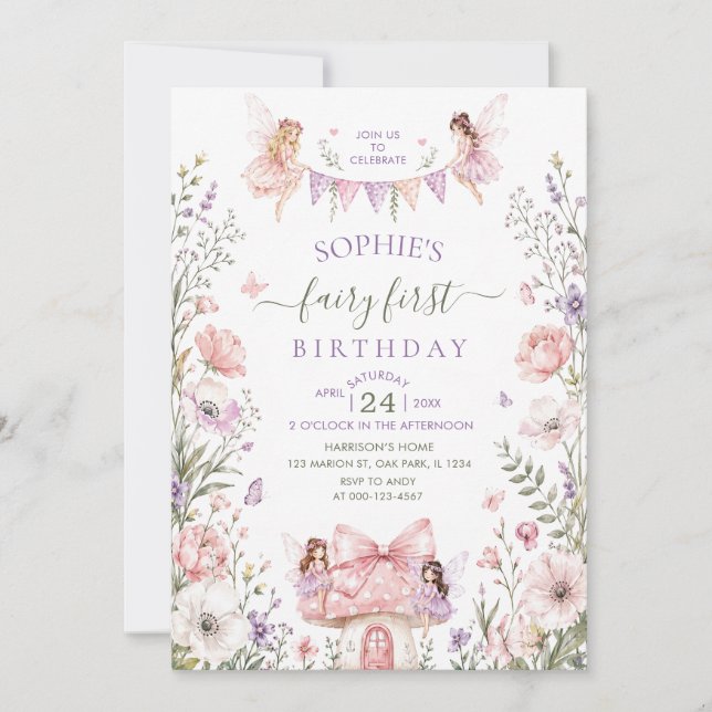 Invitación Cumpleaños mágico de hada primer cumpleaños Bosque (Anverso)