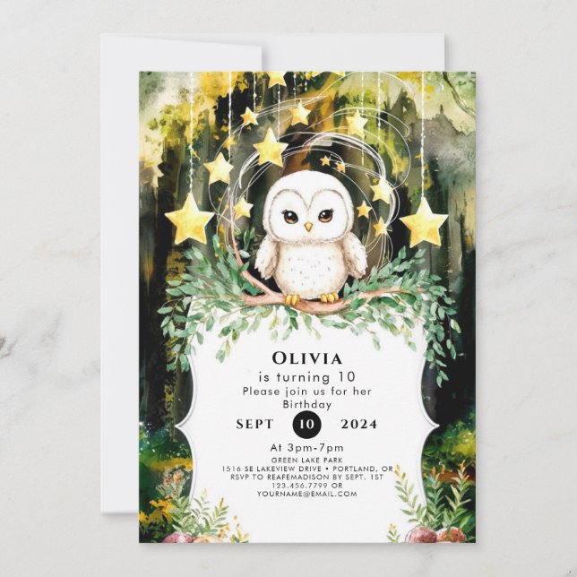 Invitación Cumpleaños mágico de la lechuza infantil (Anverso)