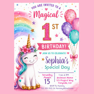 Invitación Cumpleaños mágico de la niña unicornio 1er