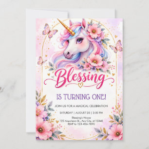 Invitación Cumpleaños mágico de la niña unicornio 1er año